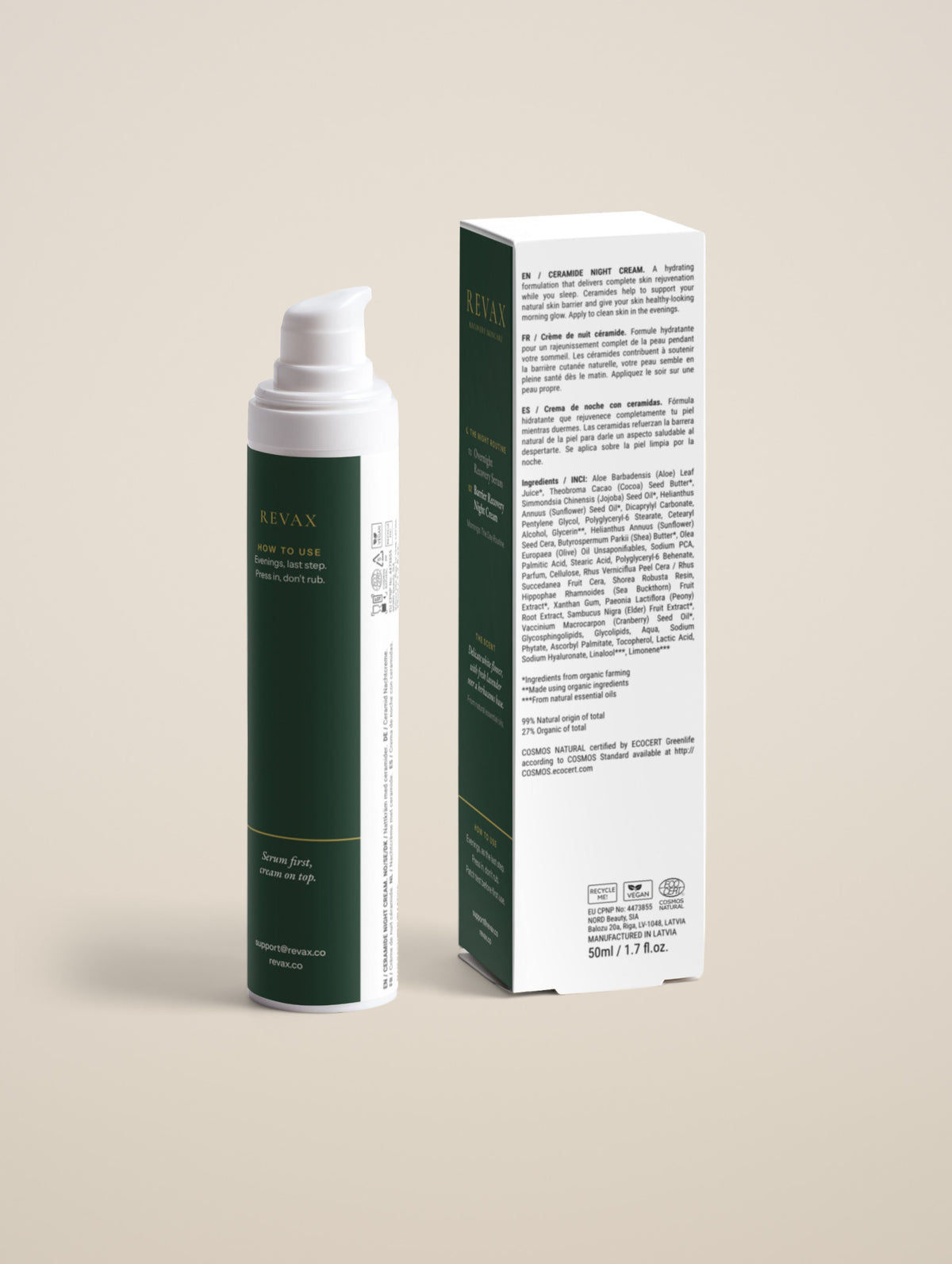 REVAX Barrier Recovery Night Cream 50 ml, back of the bottle and box showing how to use and the ingredient list