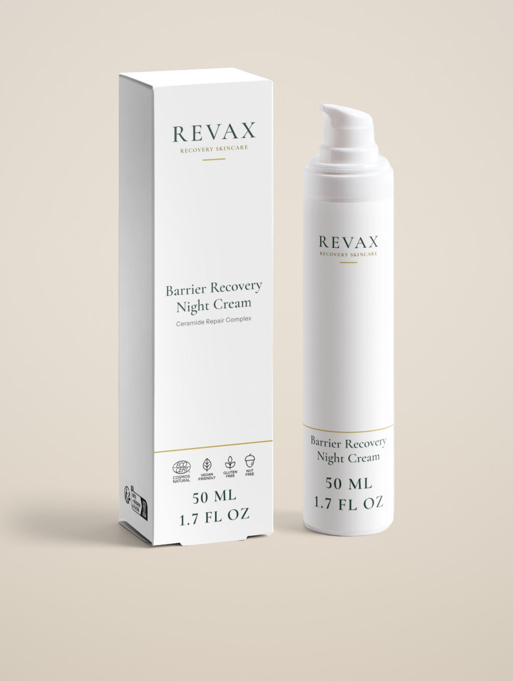 REVAX Barrier Recovery Night Cream 50 ml, box and pump bottle side by side on a warm cream background, front view