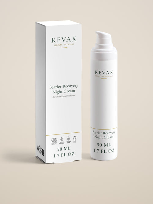 REVAX Barrier Recovery Night Cream 50 ml, box and pump bottle side by side on a warm cream background, front view