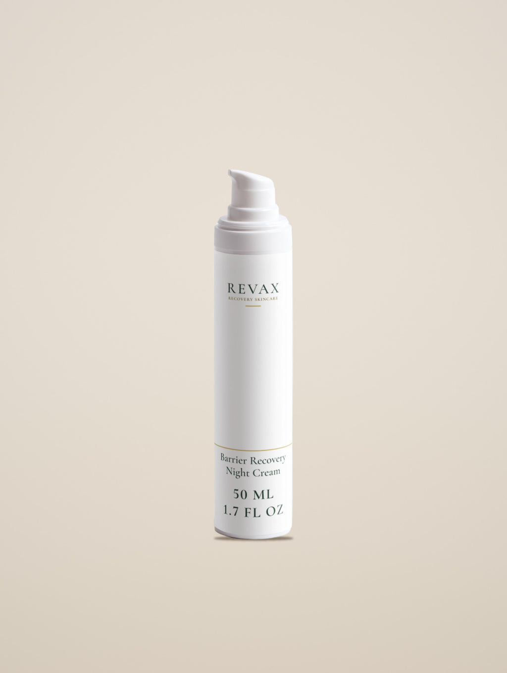 REVAX Barrier Recovery Night Cream 50 ml pump bottle on a warm cream background, front view