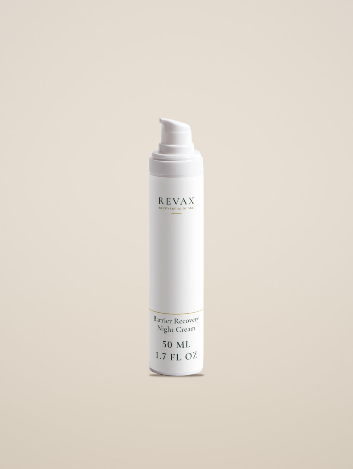 REVAX Barrier Recovery Night Cream 50 ml pump bottle on a warm cream background, front view