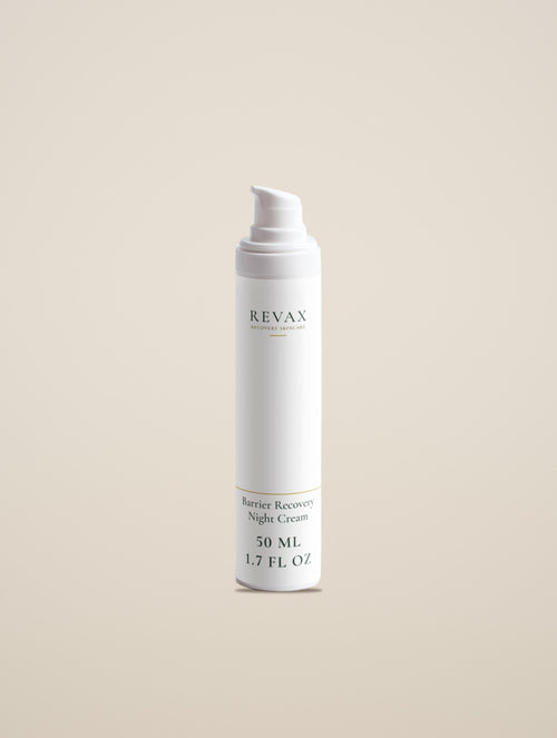 REVAX Barrier Recovery Night Cream 50 ml pump bottle on a warm cream background, front view
