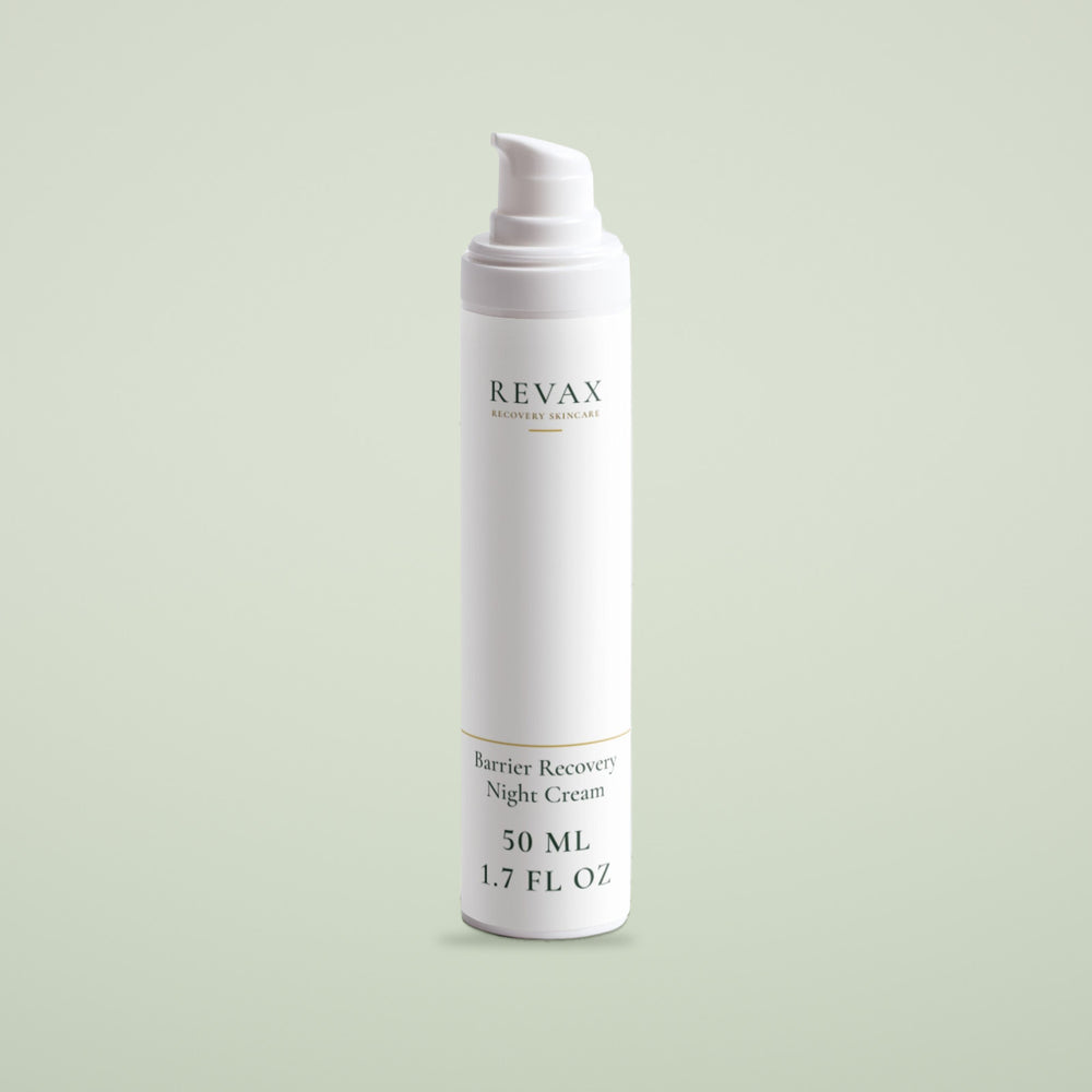 REVAX Barrier Recovery Night Cream 50 ml, white pump bottle on a soft sage background, front view