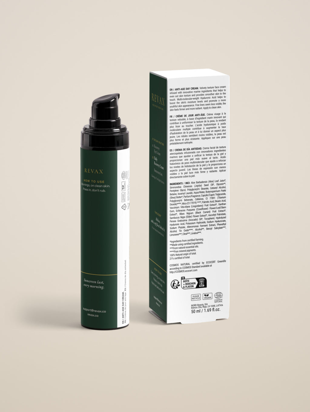 REVAX Daily Recovery Cream 50 ml, back of the bottle and box showing how to use and the ingredient list