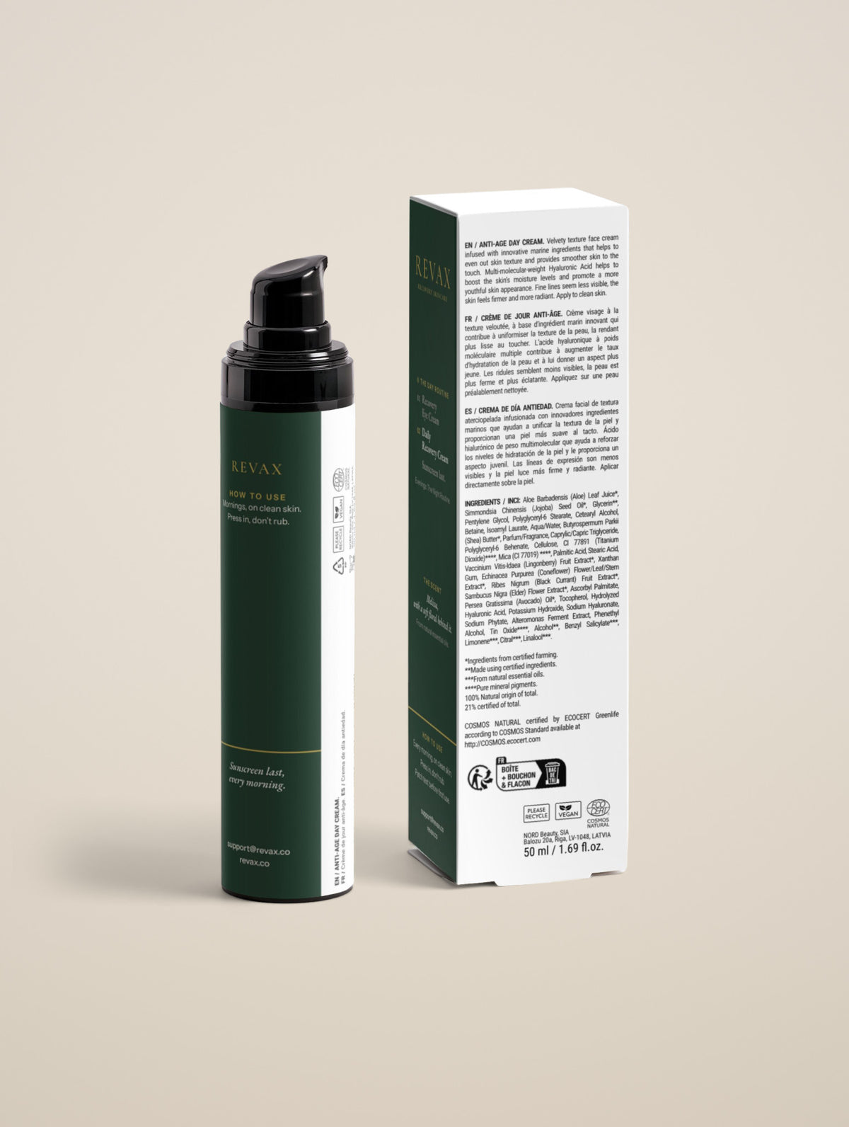 REVAX Daily Recovery Cream 50 ml, back of the bottle and box showing how to use and the ingredient list