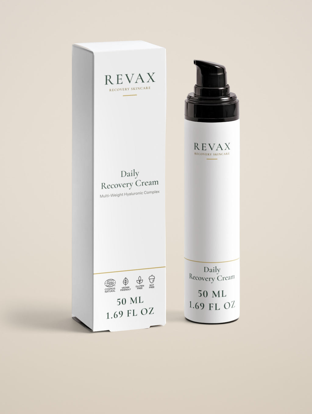 REVAX Barrier Recovery Night Cream 50 ml, box and pump bottle side by side on a warm cream background, front view