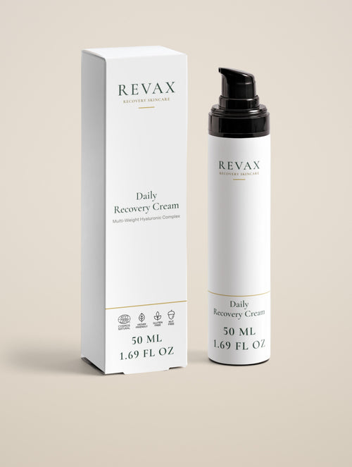 REVAX Barrier Recovery Night Cream 50 ml, box and pump bottle side by side on a warm cream background, front view
