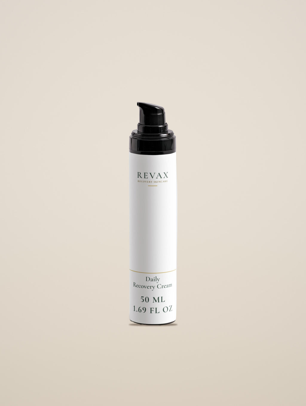 REVAX Daily Recovery Cream 50 ml bottle with black pump on a warm cream background, front view