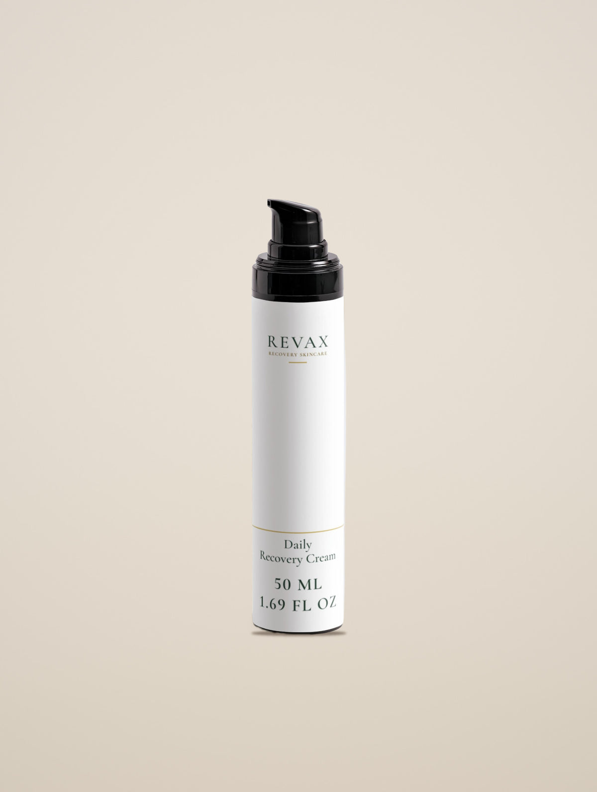 REVAX Daily Recovery Cream 50 ml bottle with black pump on a warm cream background, front view