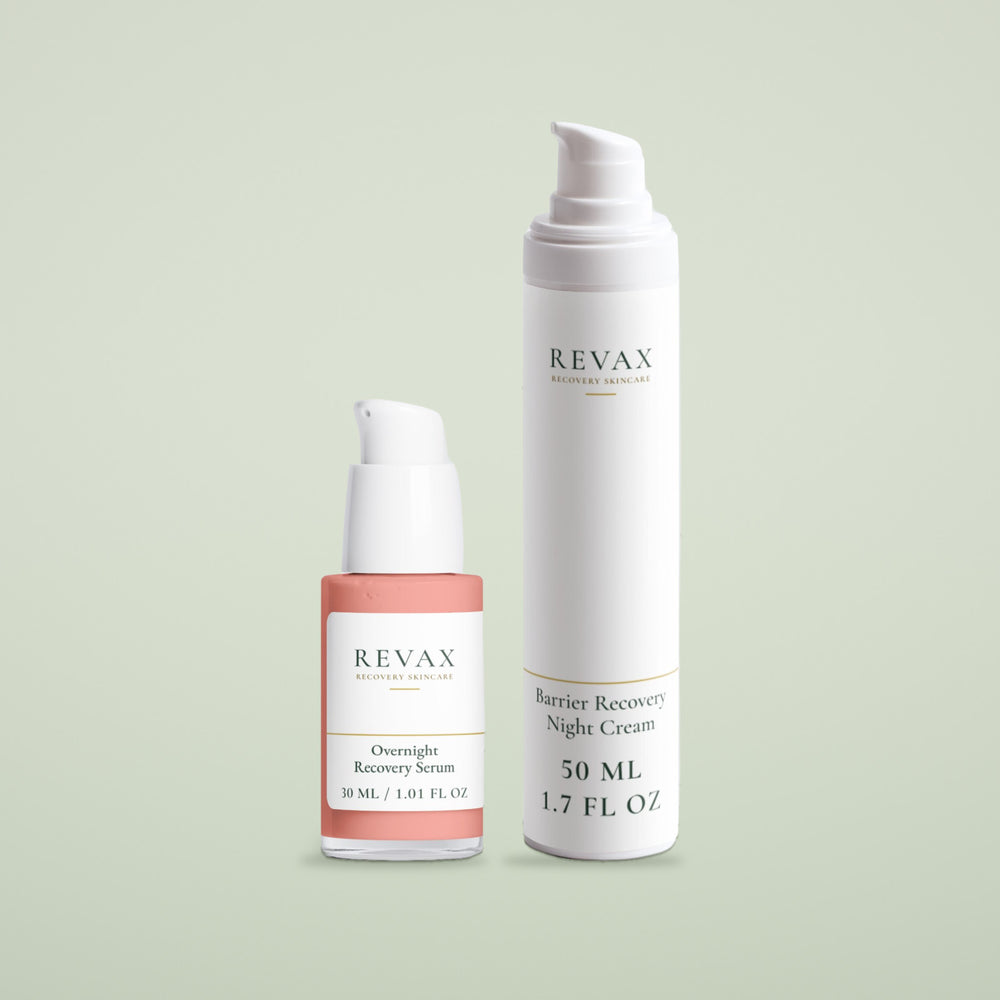 REVAX Night Routine: Overnight Recovery Serum and Barrier Recovery Night Cream side by side, front view