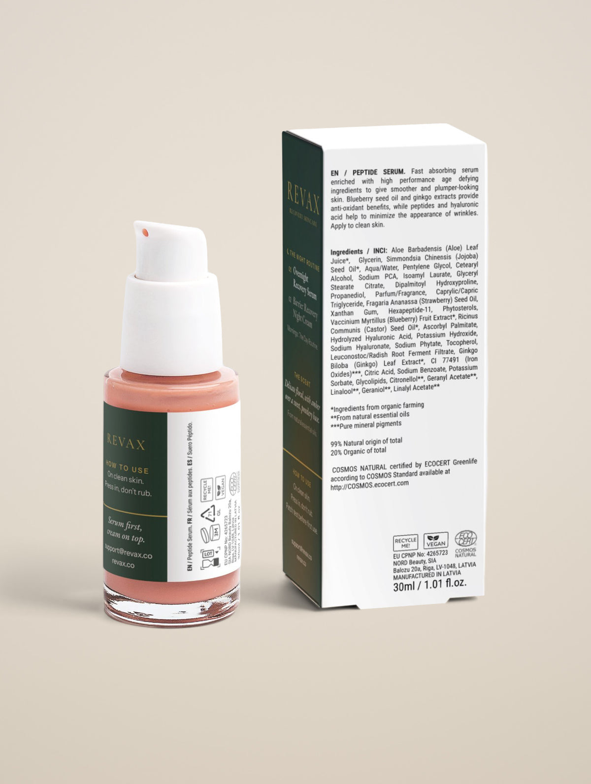 REVAX Overnight Recovery Serum 30 ml, bottle and box with ingredient panel on a warm sand background, back view