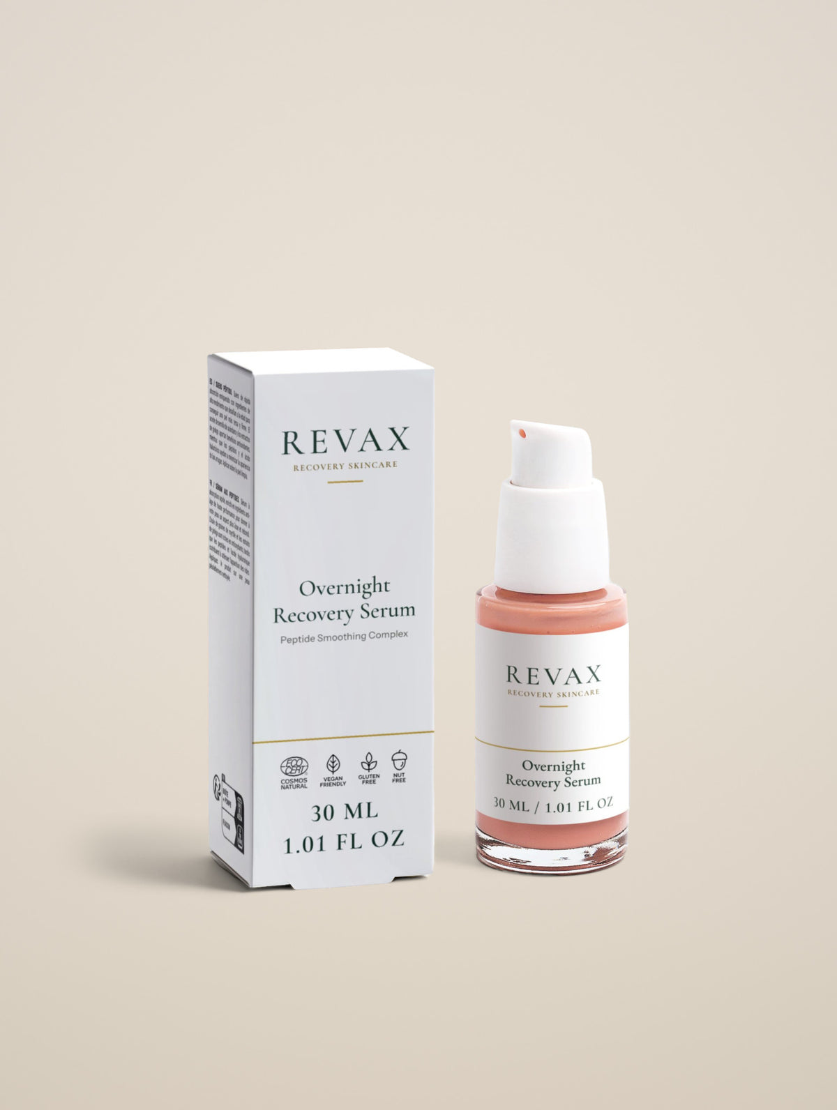 REVAX Overnight Recovery Serum 30 ml, bottle and box side by side on a warm sand background, front view