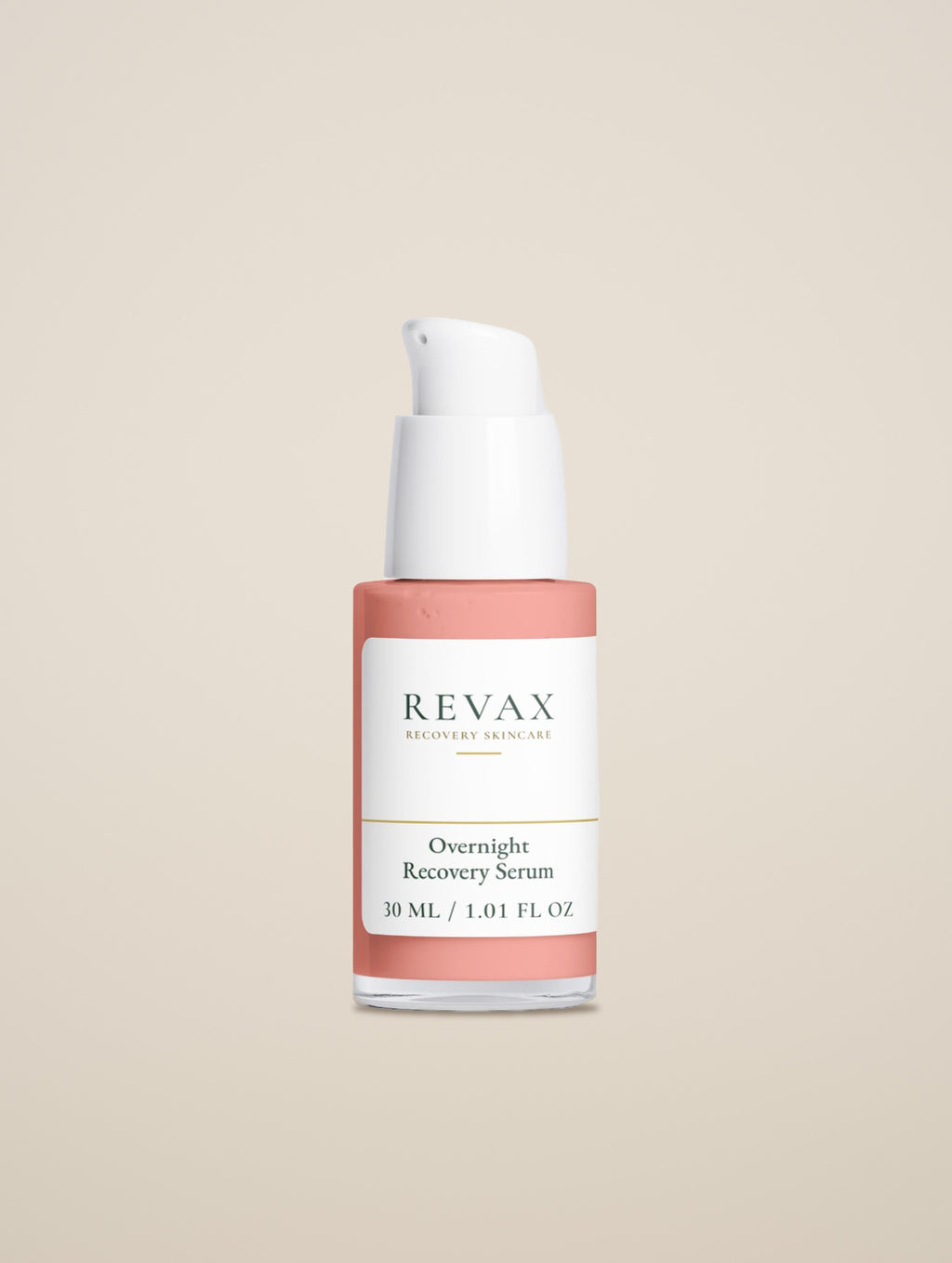 REVAX Overnight Recovery Serum 30 ml, clear pump bottle alone on a warm sand background, close front view