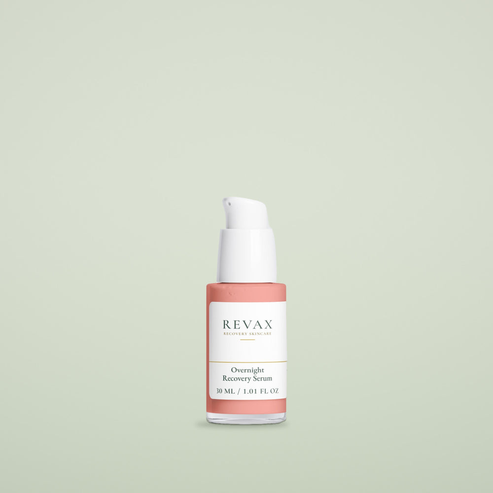 REVAX Overnight Recovery Serum 30 ml, pump bottle on a soft sage background, front view