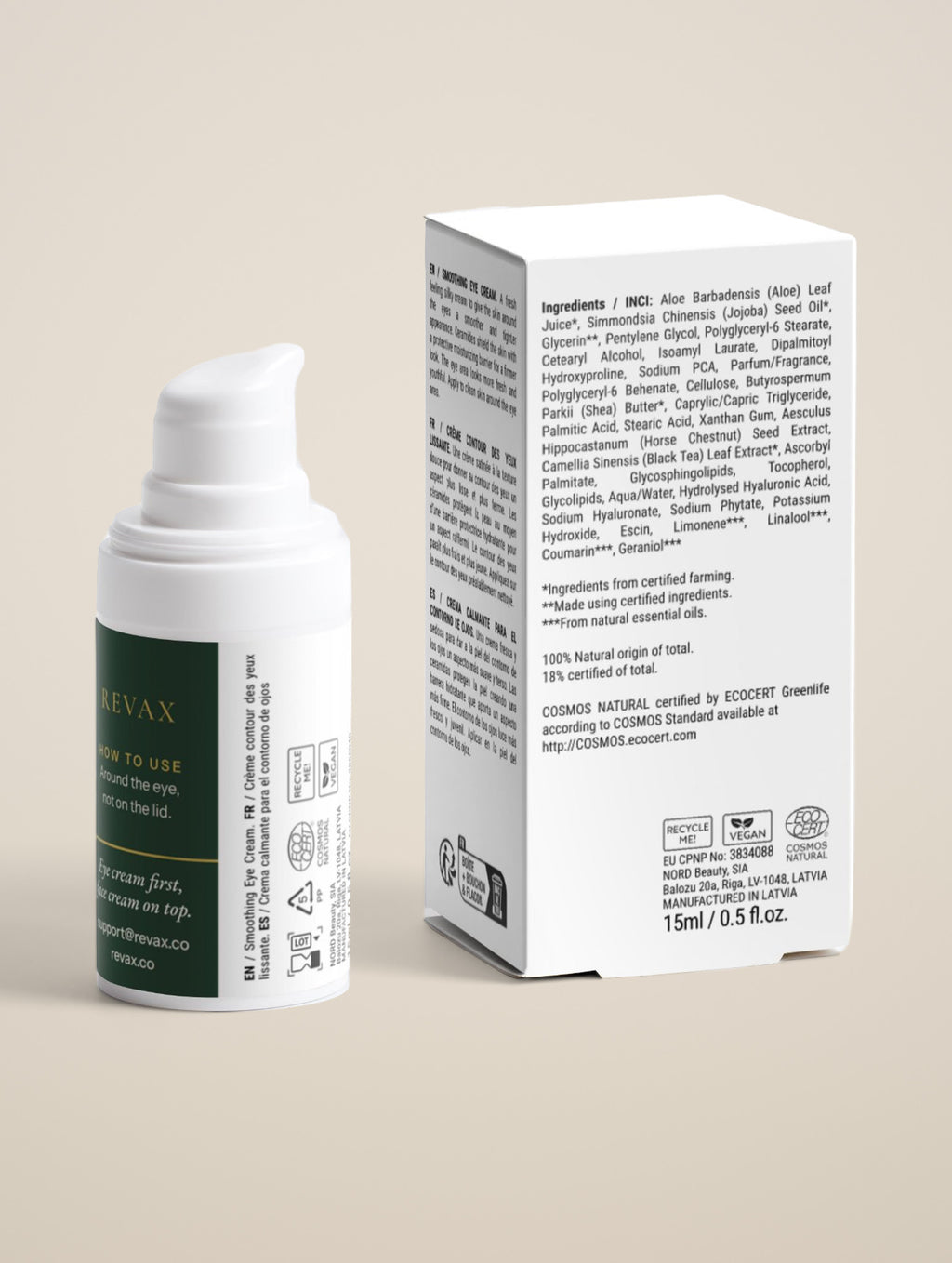 REVAX Recovery Eye Cream 15 ml, back of the bottle and box showing how to use and the ingredient list
