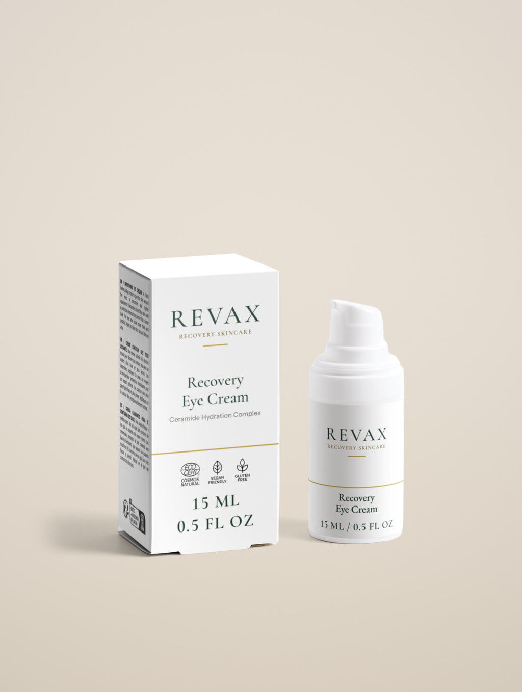 REVAX Recovery Eye Cream 15 ml, box and pump bottle side by side on a warm cream background, front view