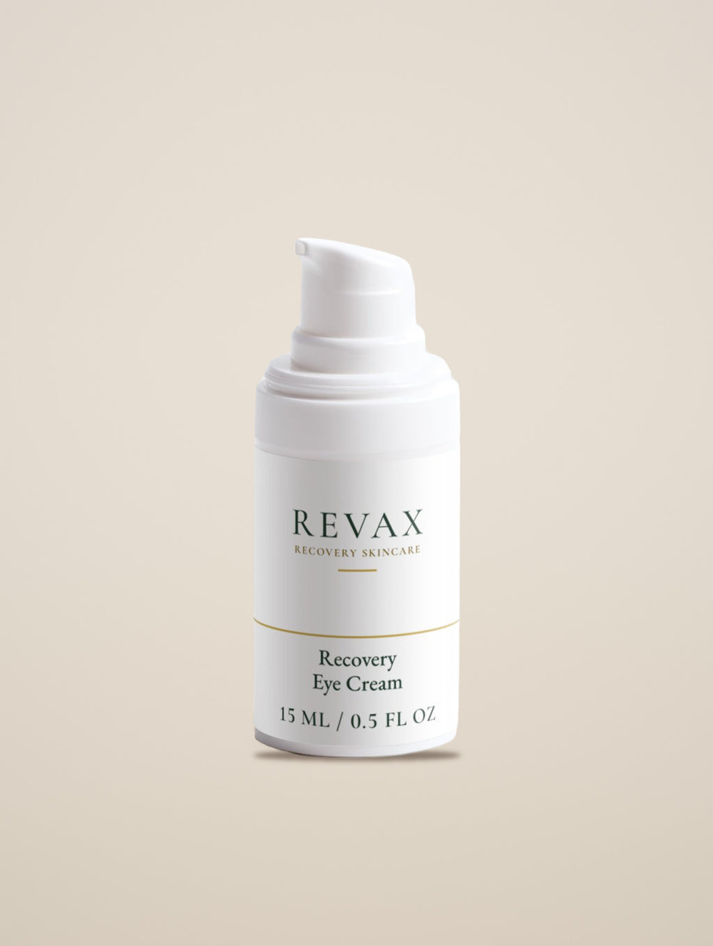 REVAX Recovery Eye Cream 15 ml pump bottle on a warm cream background, front view