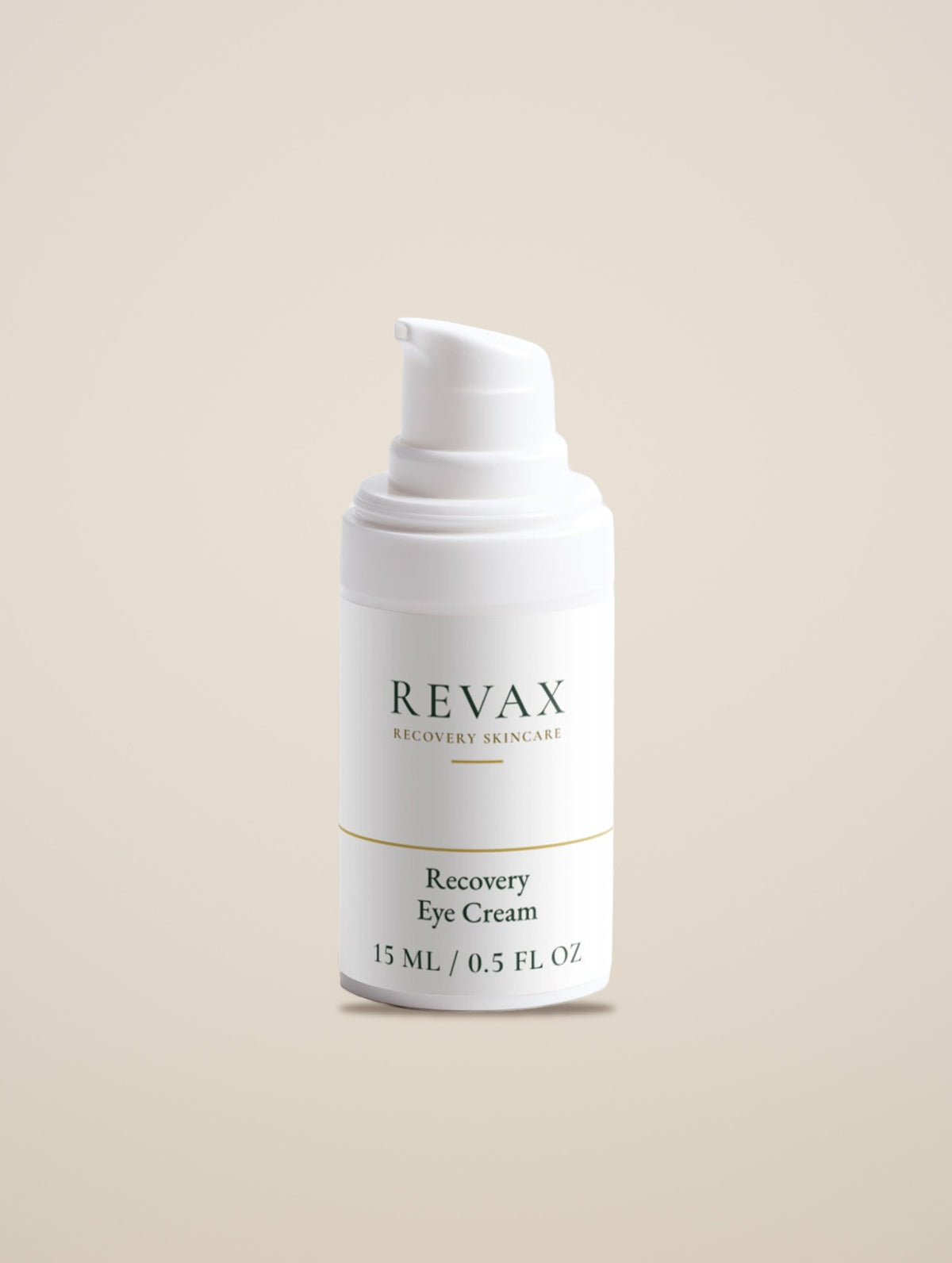 REVAX Recovery Eye Cream 15 ml pump bottle on a warm cream background, front view