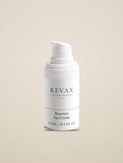 REVAX Recovery Eye Cream 15 ml pump bottle on a warm cream background, front view