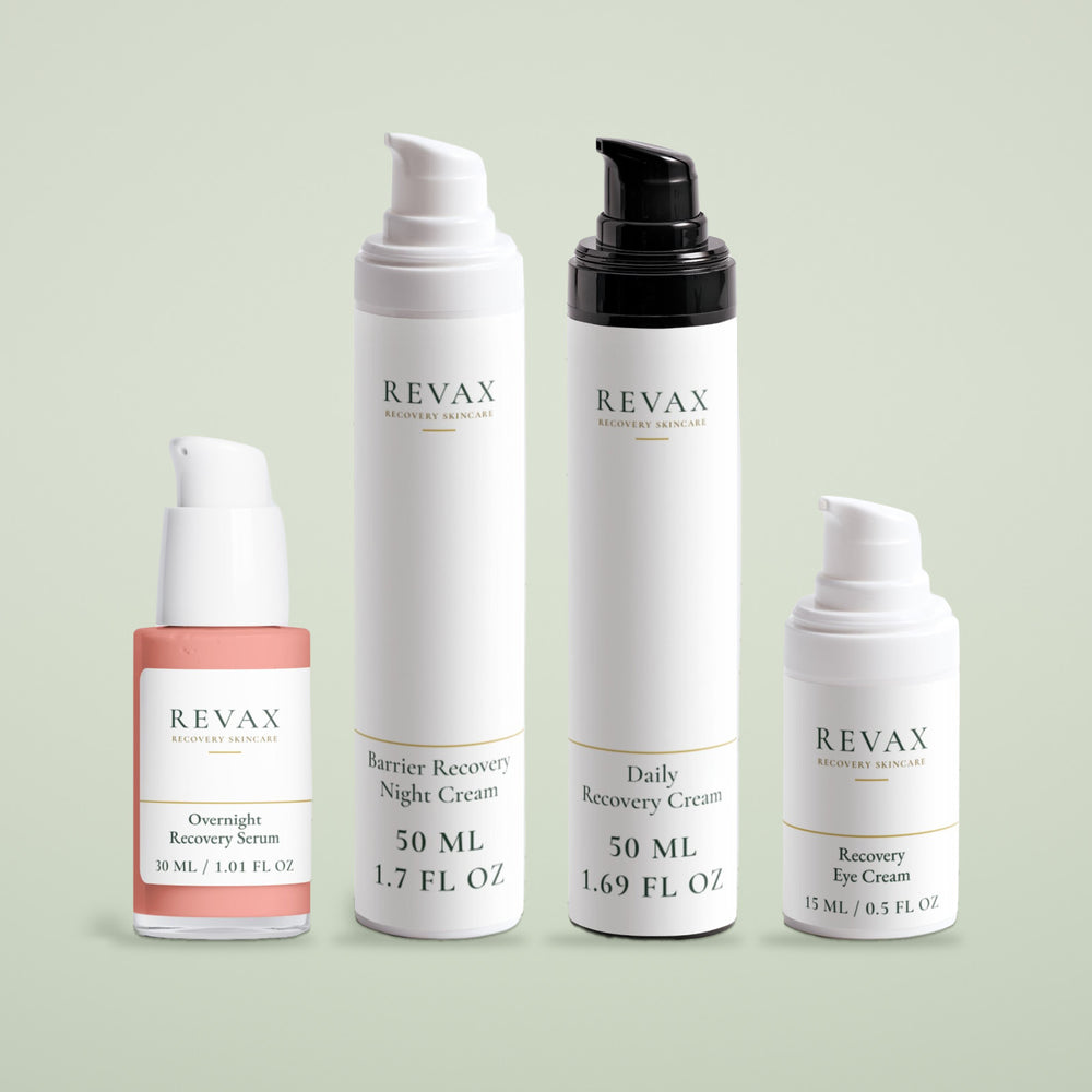 REVAX Recovery Routine: serum, night cream, day cream and eye cream in a row, front view